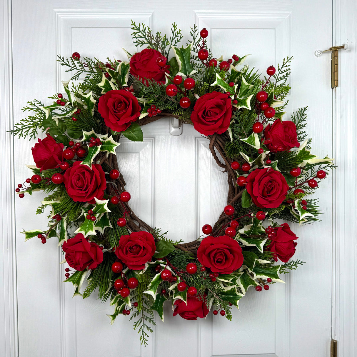 Winter Romantic Velvet Rose Variegated Holly Cedar Berry Wreath (Completed Design)