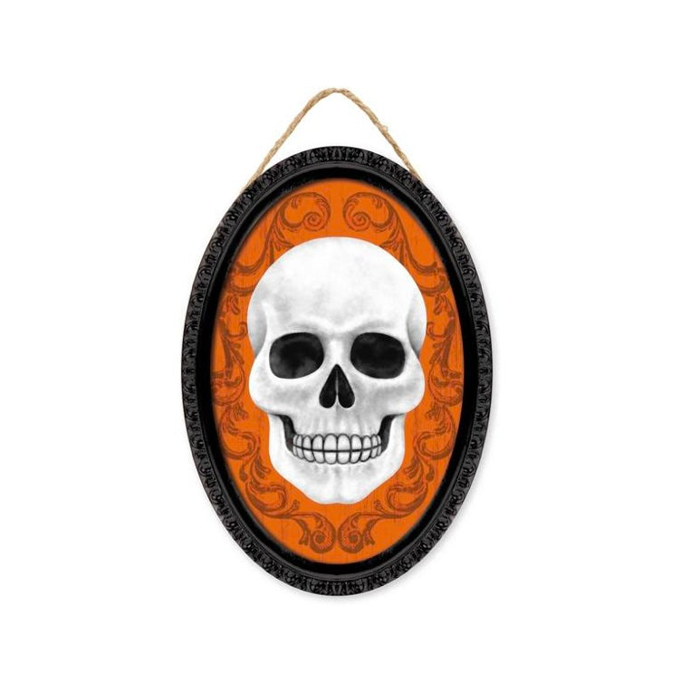 13"Hx9"L Framed Skull Oval Sign