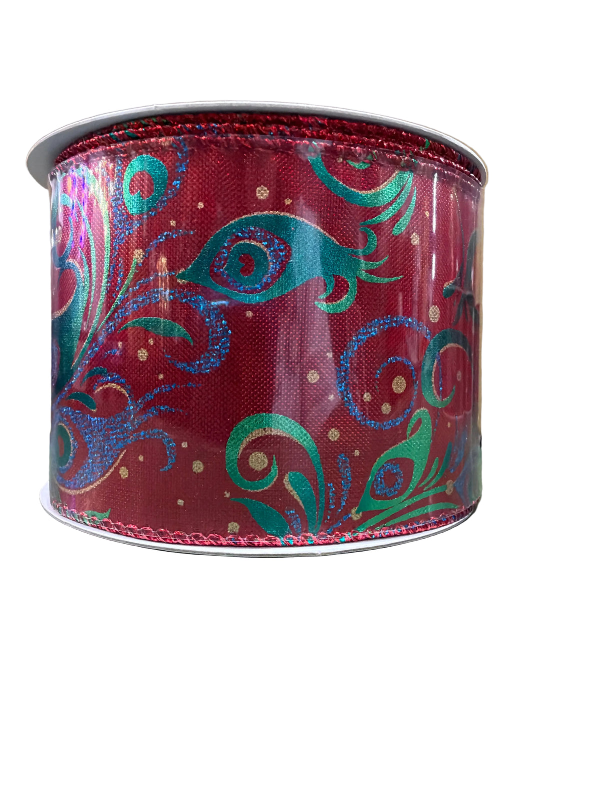 2.5” Red Glitter Peacock-Pattern Ribbon