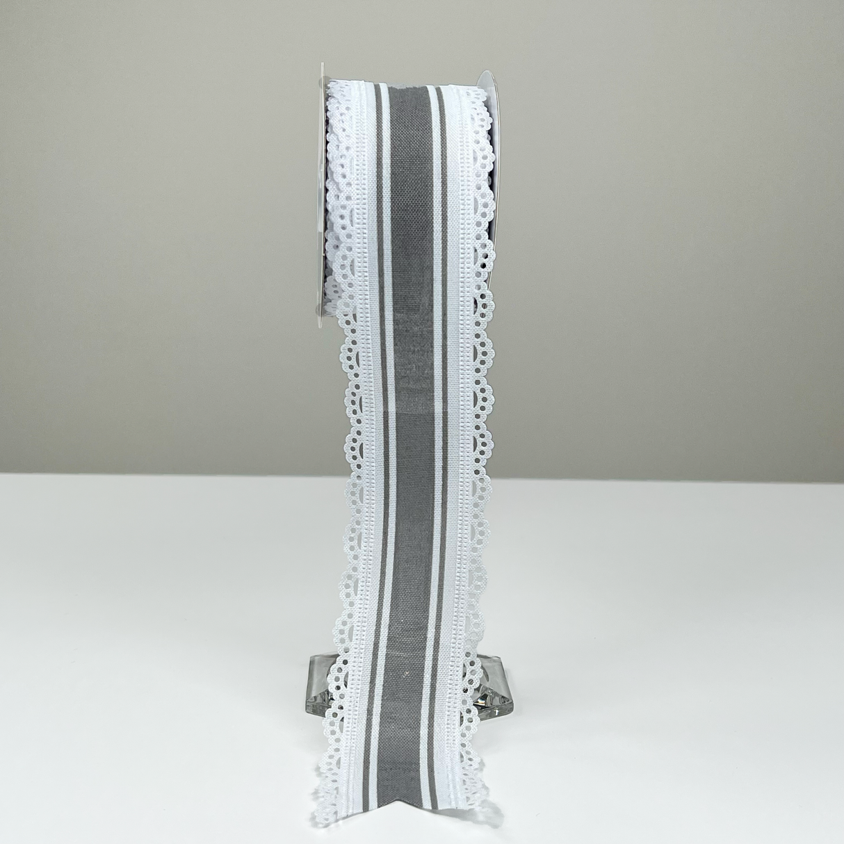 2.5"X10yd NSD Exclusive Grey Farmhouse Stripe White Lace