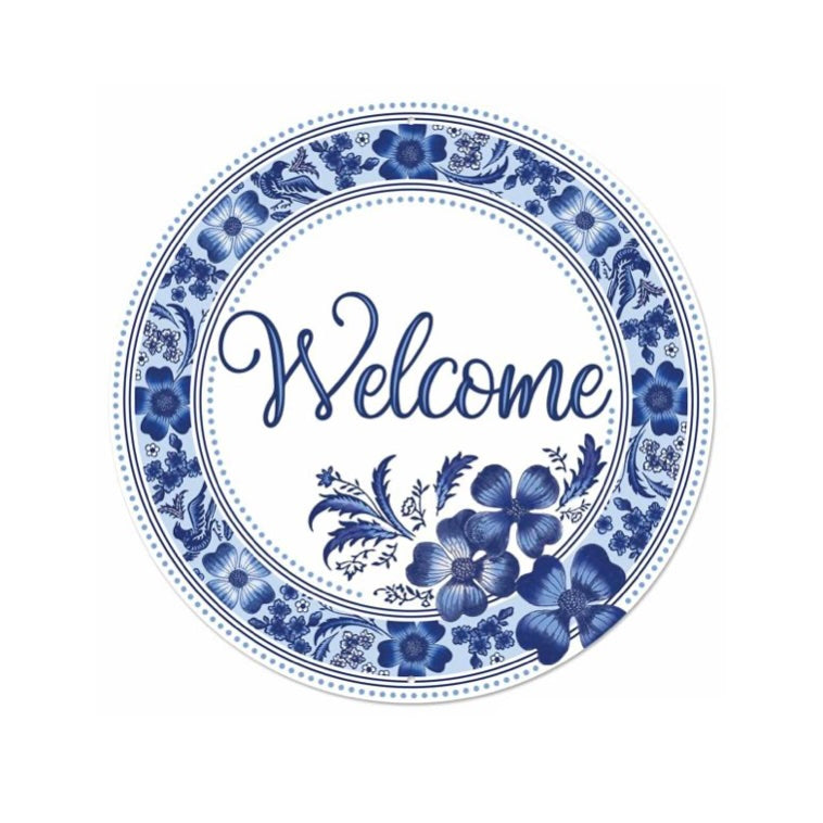 12"Dia Metal Chinoiserie Welcome Floral Sign