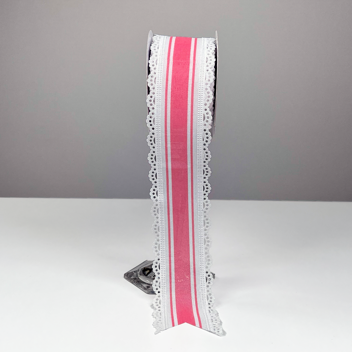 2.5"X10yd NSD Exclusive Pink Farmhouse Stripe White Lace