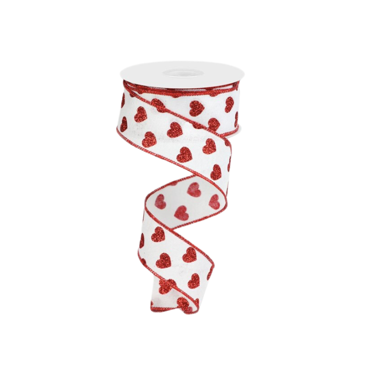 1.5" x 10yd Small Glitter Hearts/Royal (Red/White)