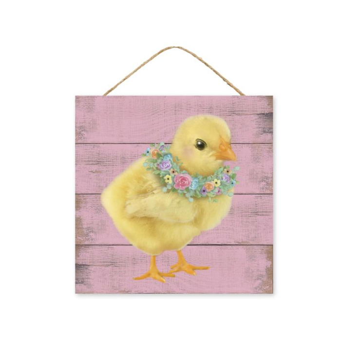 10"Sq Chick W/Floral Wreath Sign