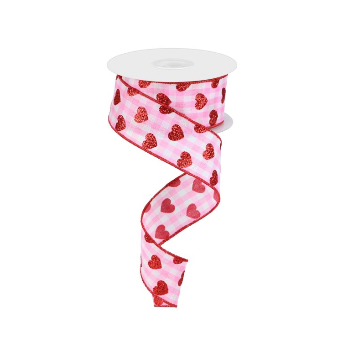 1.5" x 10yd Small Glitter Hearts/Check (Pink/Red/White)