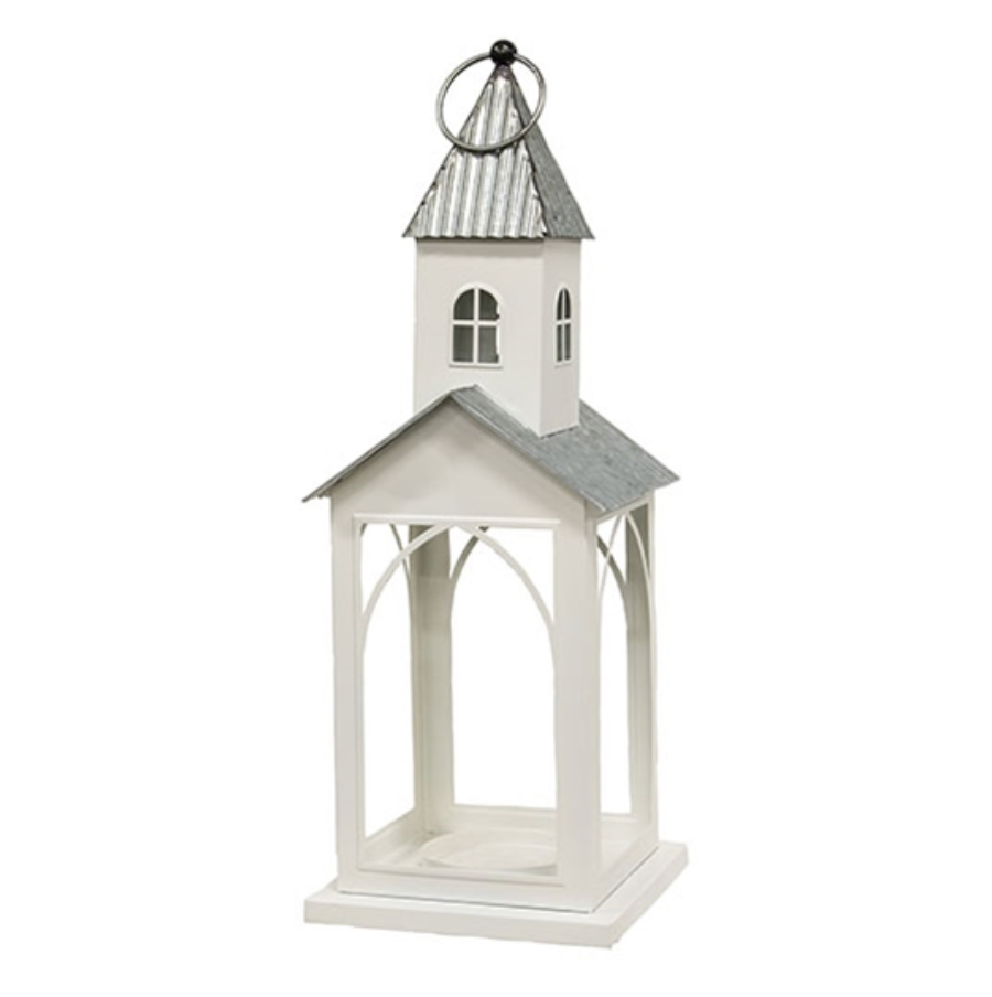 21” Metal Church Pillar Lantern (White)