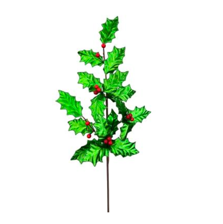 30" Metallic Holly Leaves Berry Spray