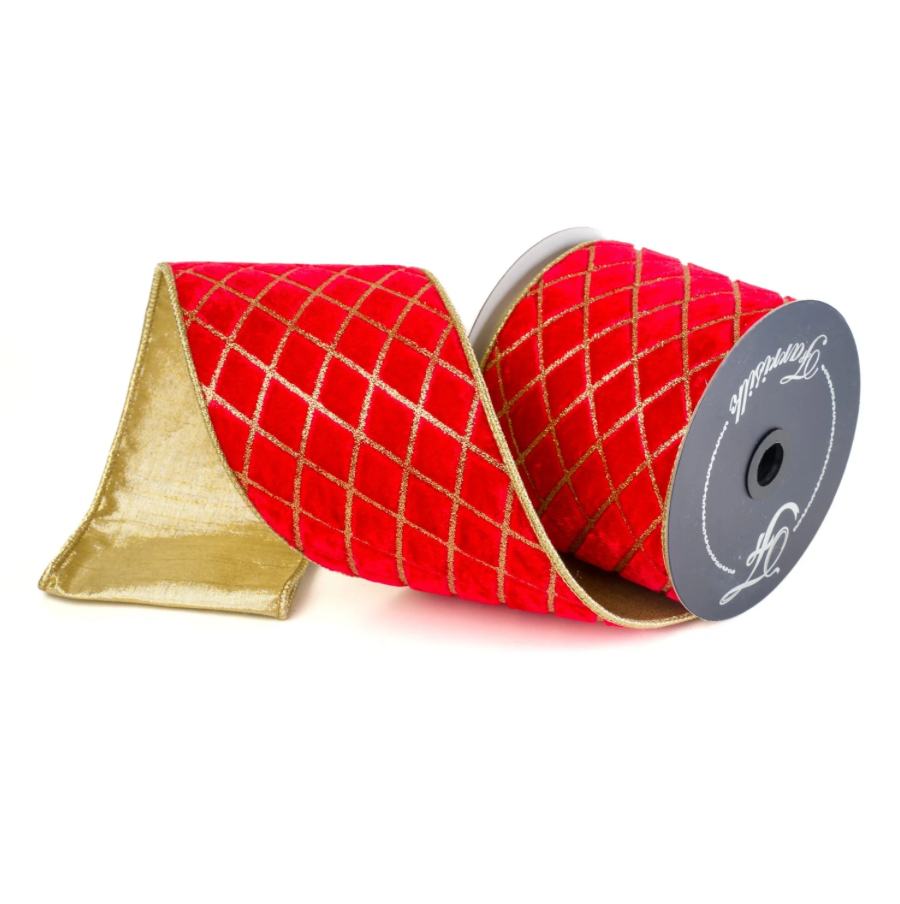 Farrisilk 4"X10YD Metallic Diamond Ribbon (Red & Gold)