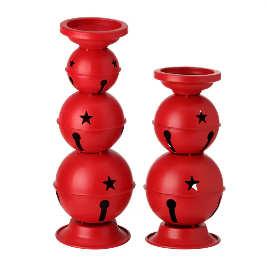 10-12.5" Mtl Jingle Bells Candle Holder Set/2 (Red)