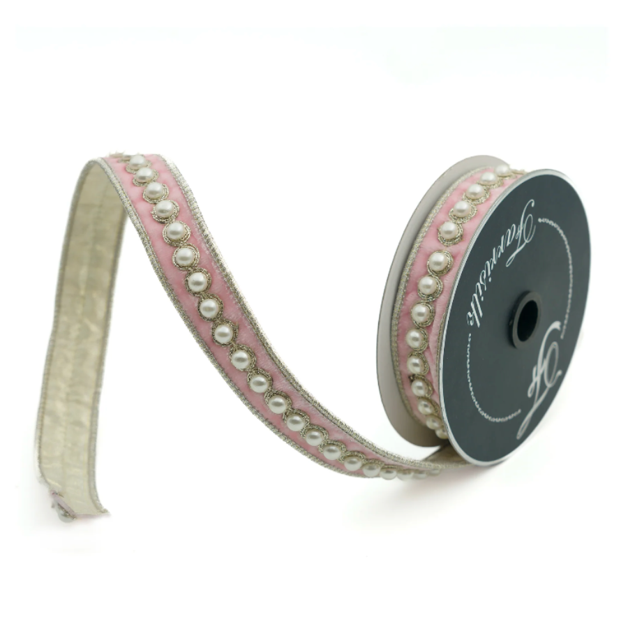 Farrisilk 1"X5YD Pearl Borders Velvet (Baby Pink)