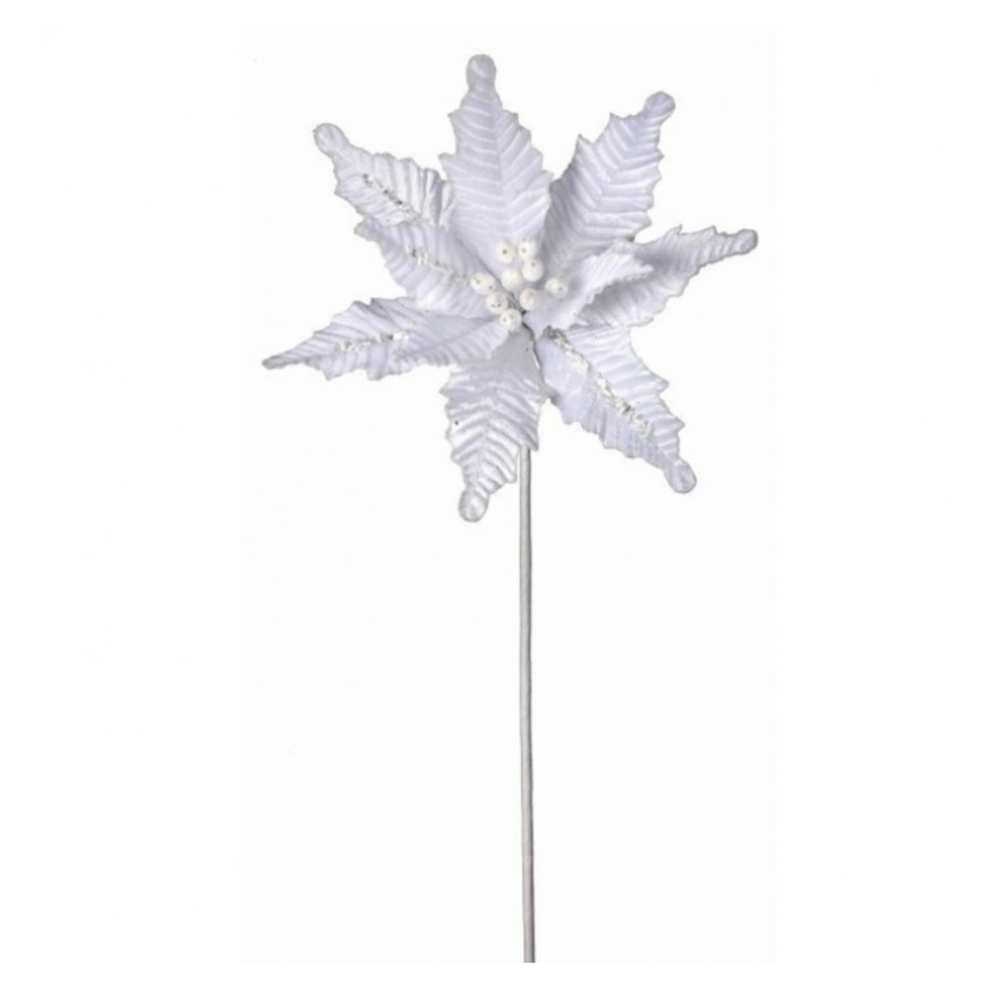 24" Glitter Edge Bead Velvet Poinsettia Stem (White)