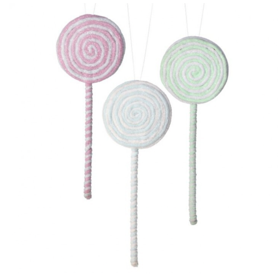 14" Frosted Pastel Lollipop Ornament 3 Assorted. (Purchase is for one)
