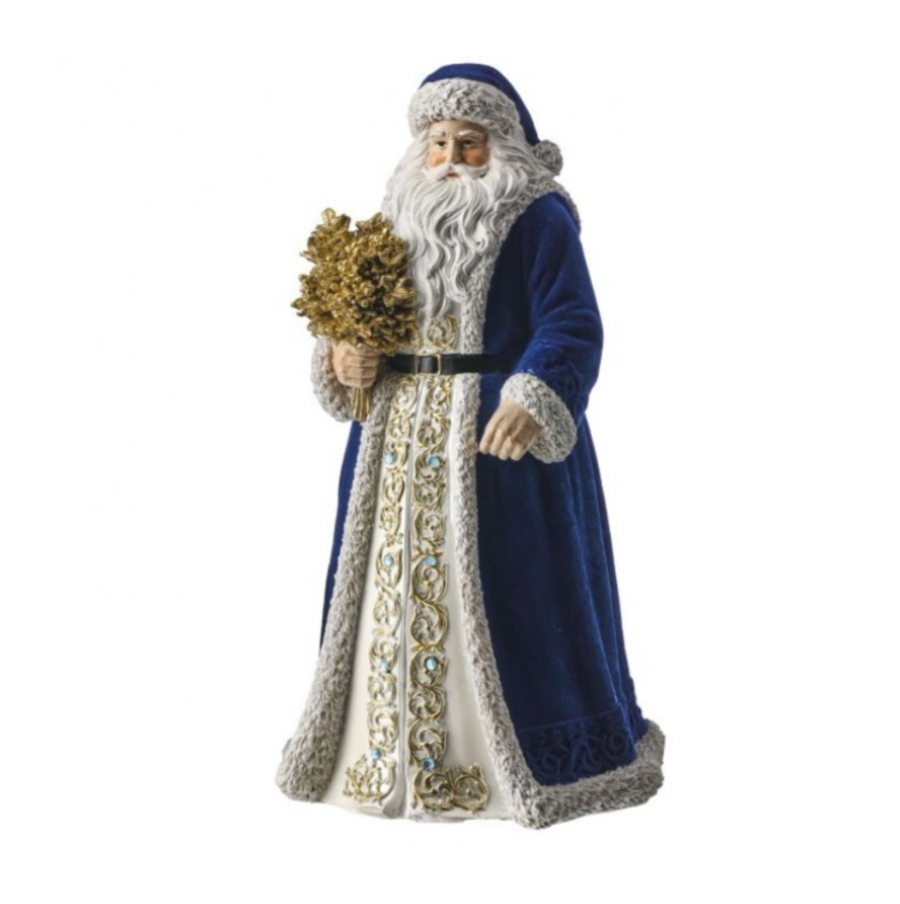 12" Resin Santa W/Brocade With Holly Bush