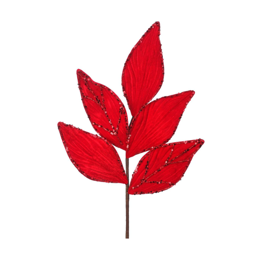 21" Glitter Veined Velvet Leaf Spray