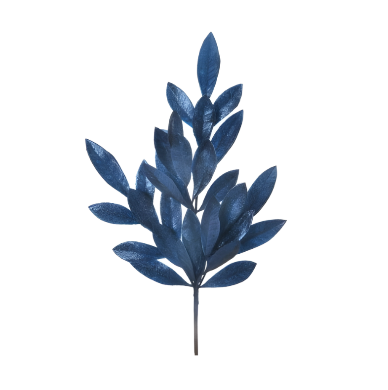21" Glitter Bay Leaf Spray (Dark Blue)