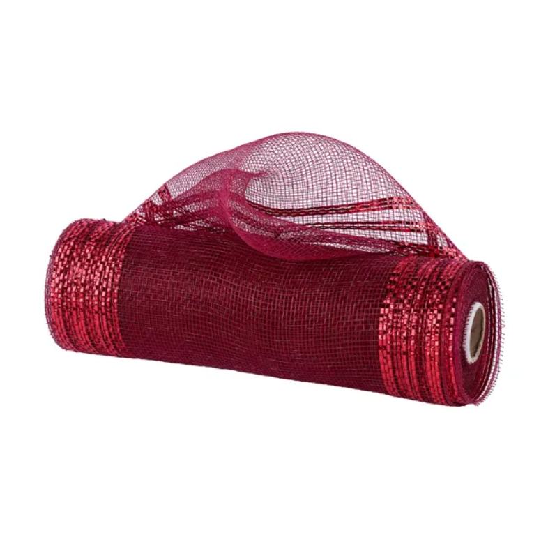 10" x 10yd Border Stripe Metallic Mesh (Burgundy W/Red Foil)