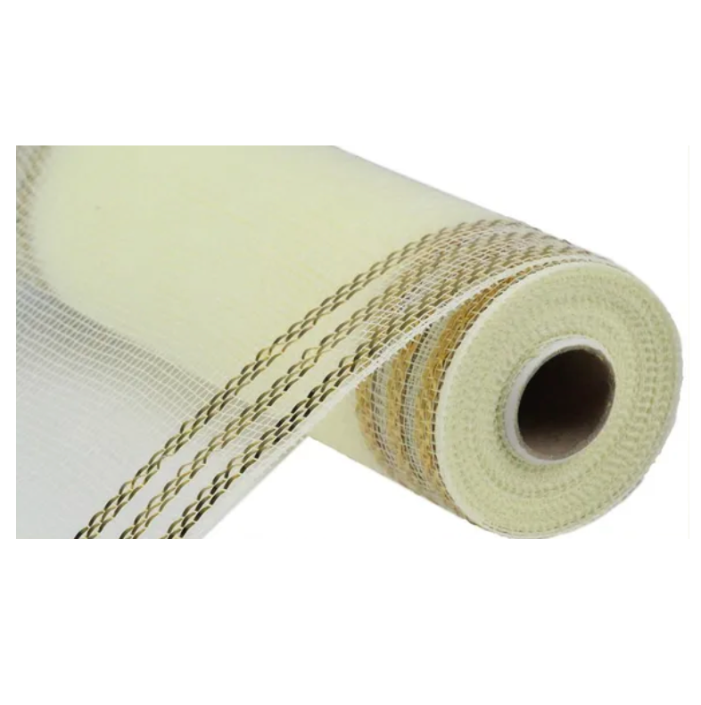 10" x 10yd Border Stripe Metallic Mesh (Cream W/Gold Foil)