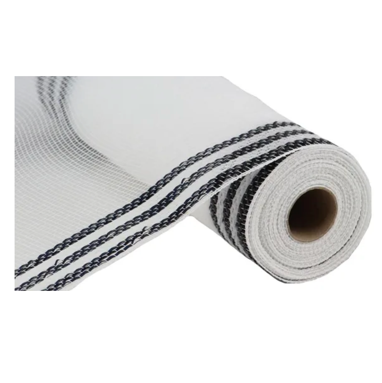 10" x 10yd Border Stripe Metallic Mesh (White/Black)