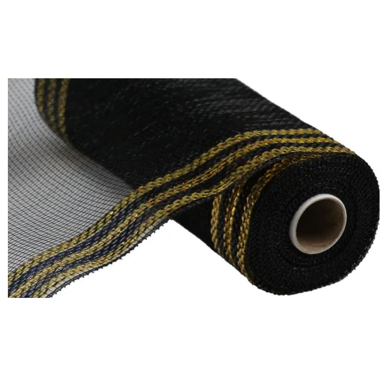 10" x 10yd Border Stripe Metallic Mesh (Black/Gold)