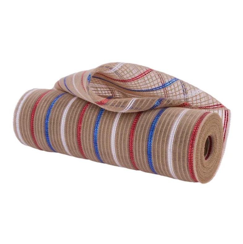 10.25" x 10yd Fine Weave Jute/Metallic Mesh (Red/White/Blue/Natural)