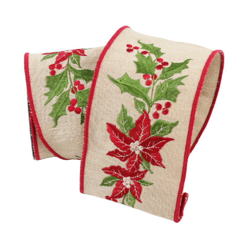 4" x 5YD Linen Poinsettia Holly Farrisilk