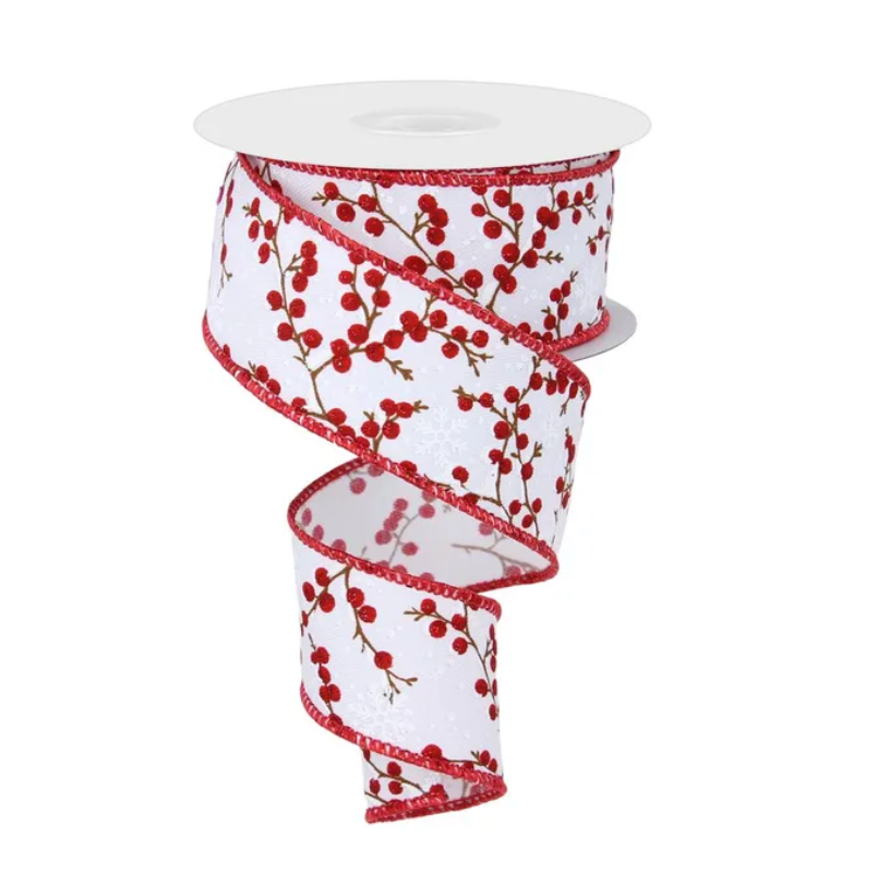 1.5" x 10yd Berry Branches W/Snow