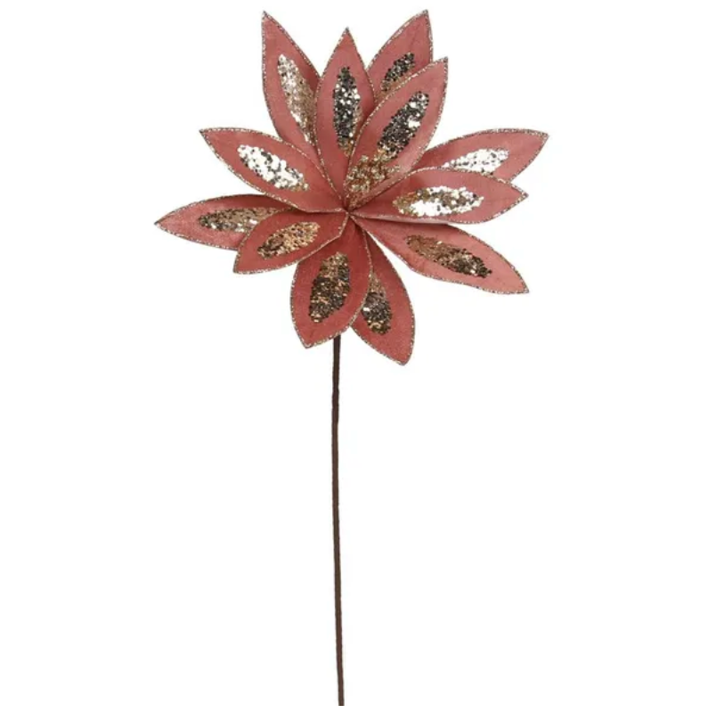 21"L Velvet/Sequin Poinsettia Stem (Rose Gold)