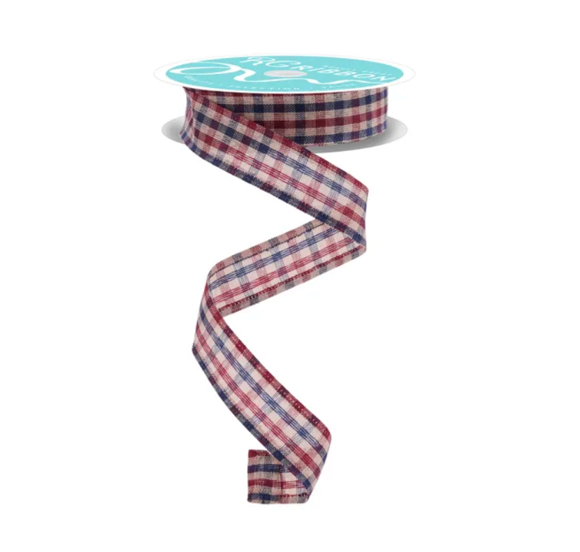 7/8" x 10yd Primitive Gingham Check (Navy/Burgundy/Tan)