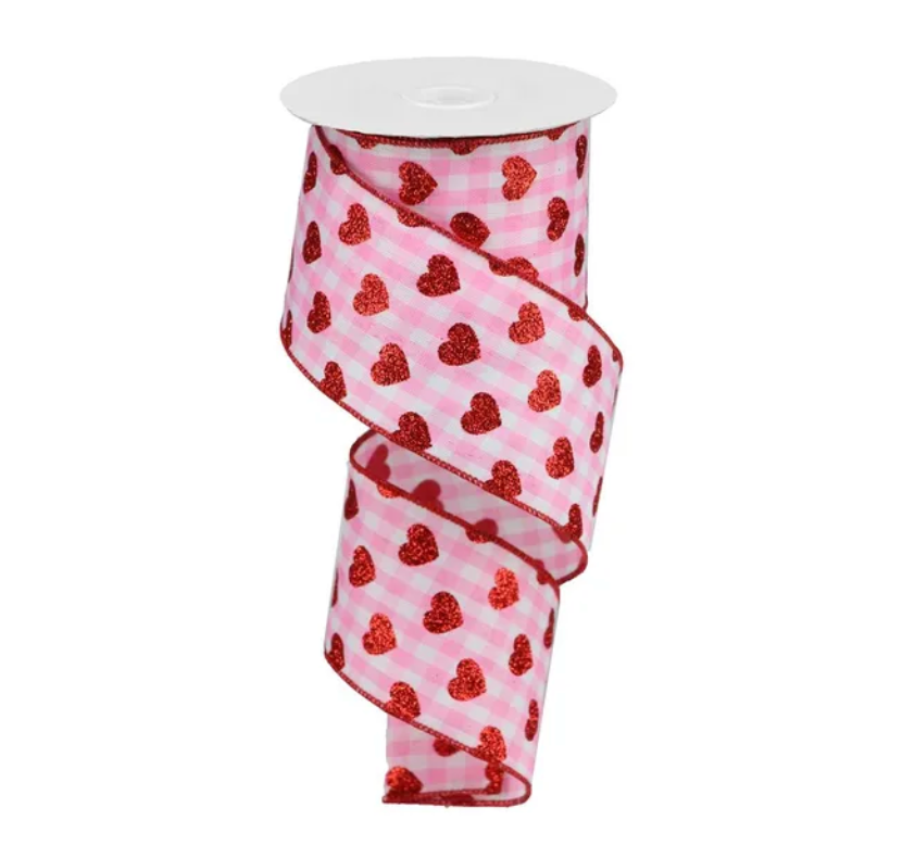 2.5" x 10yd Small Glitter Hearts/Check (Red/Pink/White)
