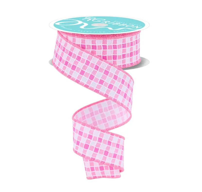 1.5" x 10yd Small Check/Foam Lines (Pink/White)