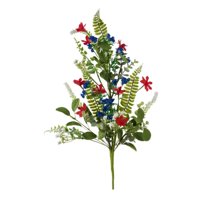 27"L Flower/Spike/Fern/Leaf/Bead Spray (Red/White/Blue)