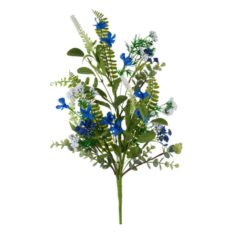 27"L Flower/Spike/Fern/Leaf/Bead Spray (Navy/White)