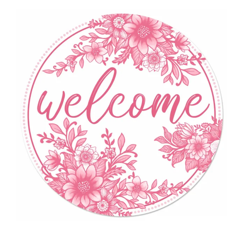 12"Dia Metal Chinoiserie Welcome Sign (Pink/White)