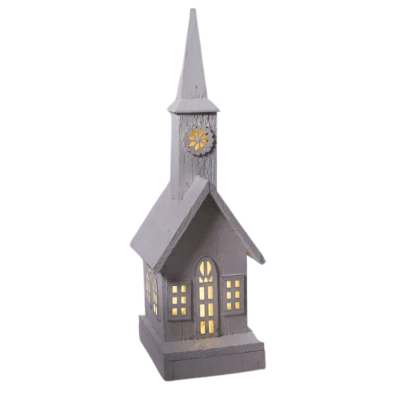 17.5"H x 6.75"L Wood Church W/Led Light (White)