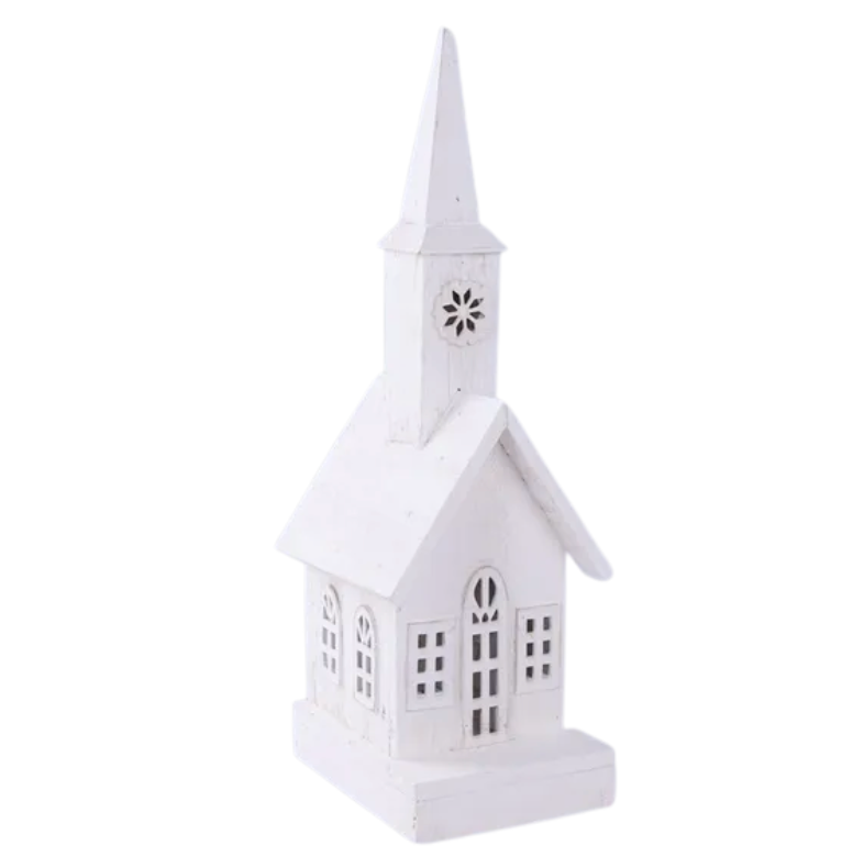 17.5"H x 6.75"L Wood Church W/Led Light (White)