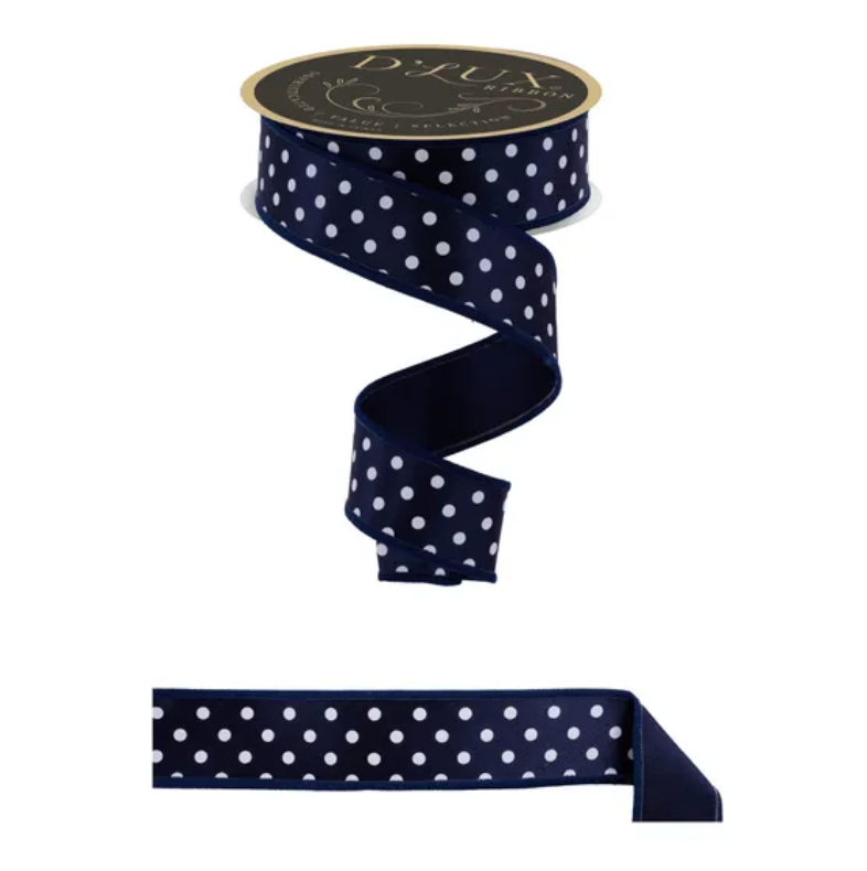 1.5" x 10yd Small Polka Dot/Fused (Navy Blue/White)