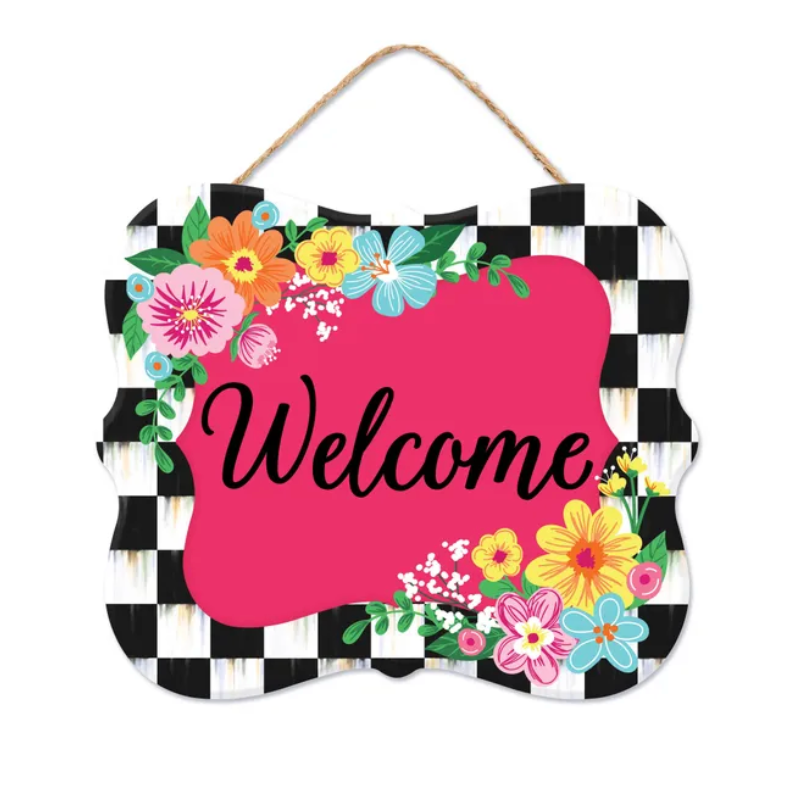 10.5"Lx9"H Floral Welcome Checker Border