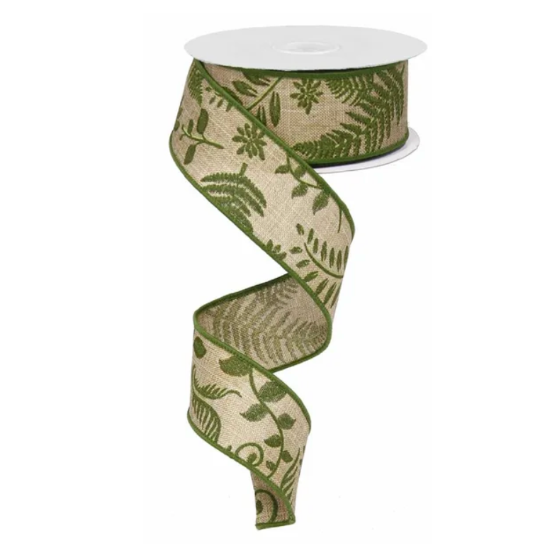 1.5" x 10yd Embroidered Greenery (Beige/Green)