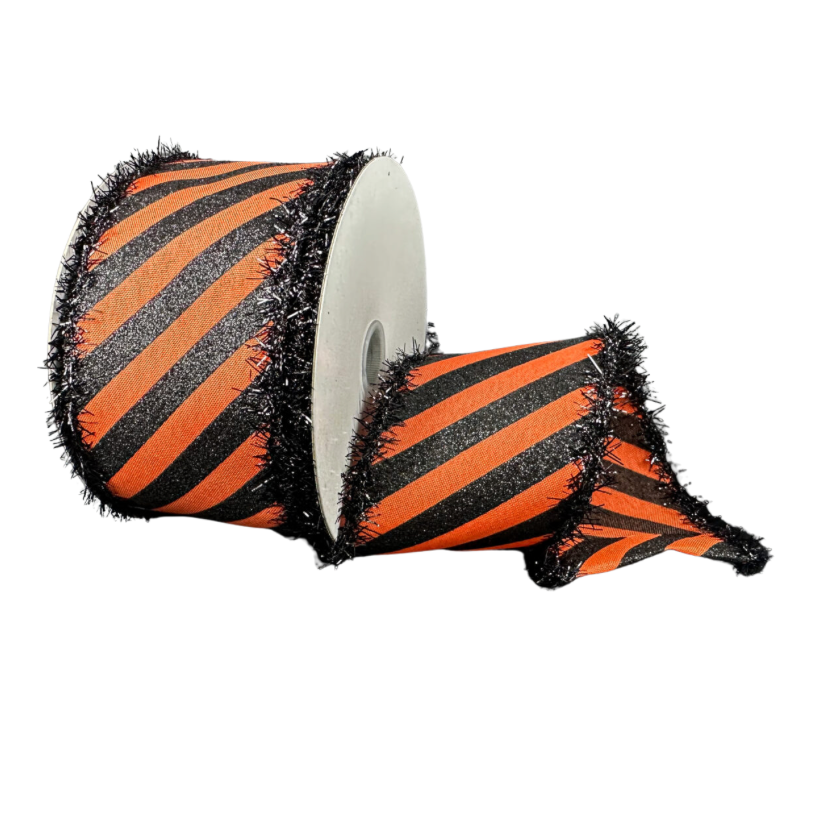 2.5"X10Y Orange/Black Glitter Stripe W/ Tinsel Edge