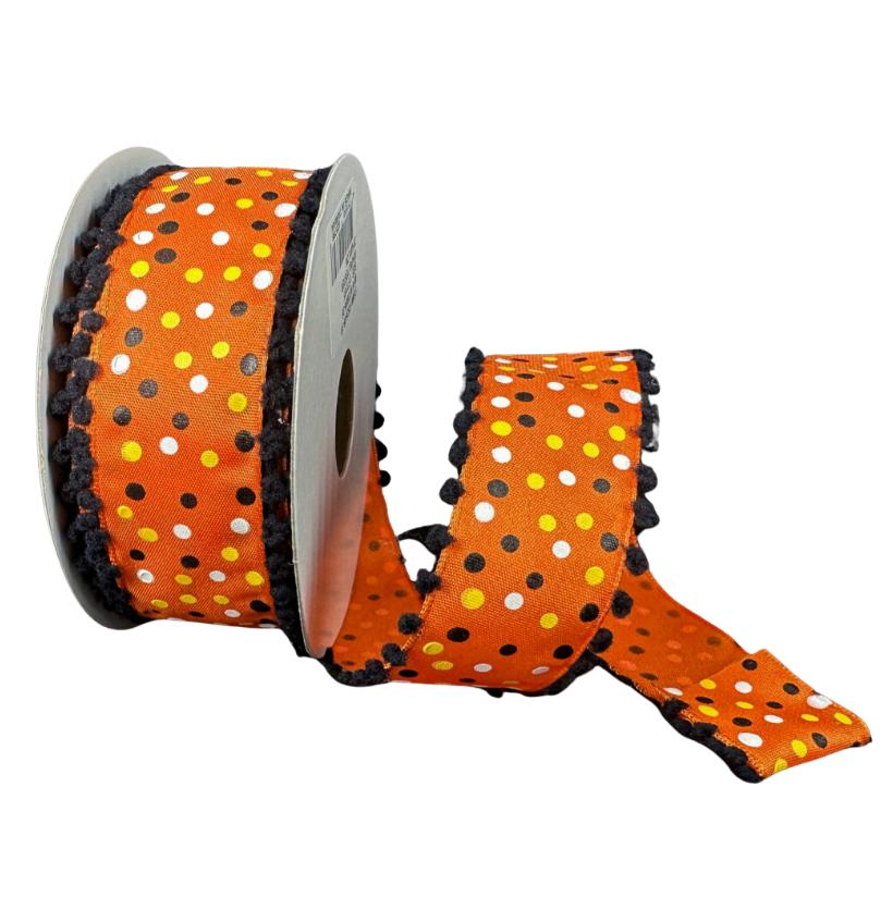 1.5" X 10Y Orange Polka Dot W/ Ball Edge
