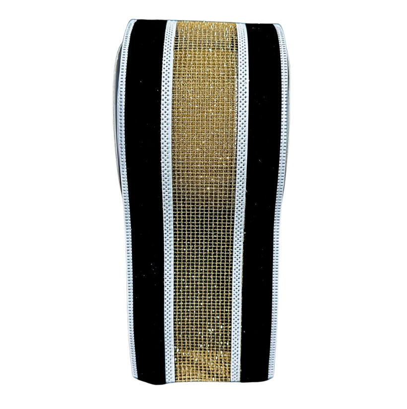 4" X 10YD Black Velvet W/ Gold Mesh Stripe