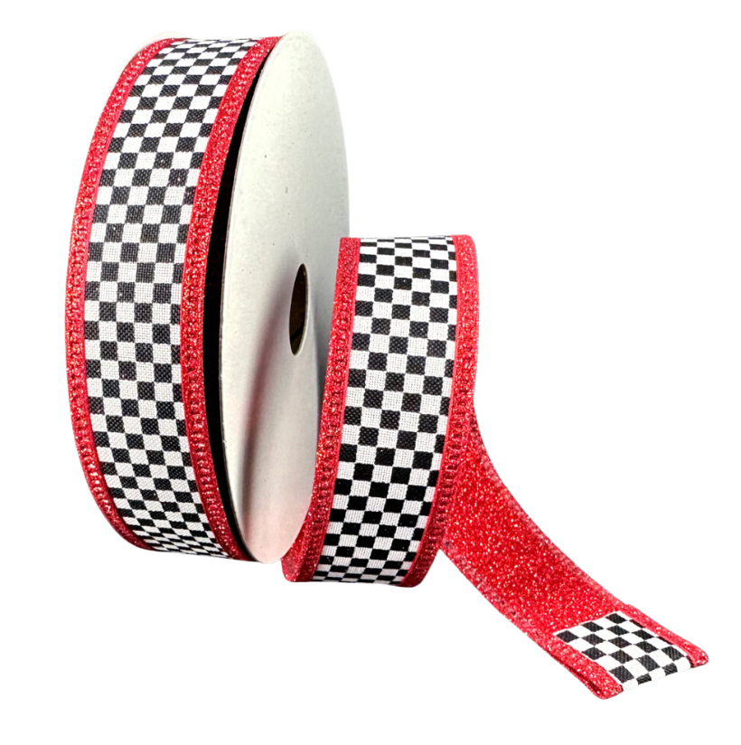 1" X 10YD Double Sided Checkerboard W/ Glitter (Black/White/Red)