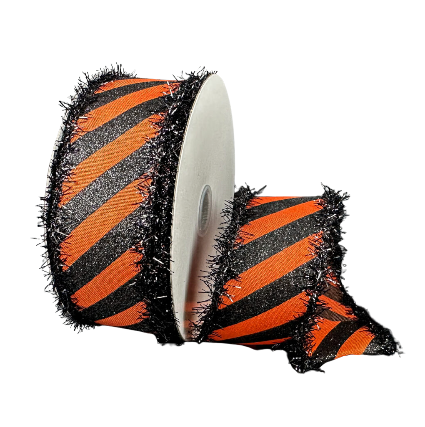 1.5"X10Y Orange/Black Glitter Diagonal Stripe/Black Tinsel Edge