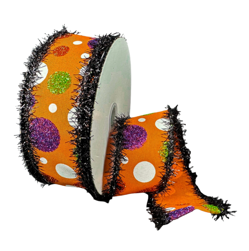 1.5"X10Y Orange Halloween Glitter Dots/Black Tinsel Edge
