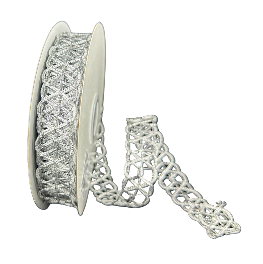 7/8"X10Y White/Silver Squiggly Open Weave
