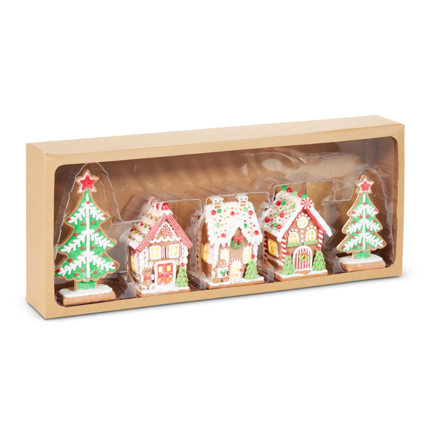 8.25" Box Of Lighted Gingerbread Houses And Trees