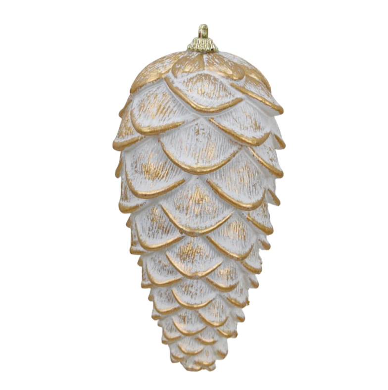 7" Hanging Pine Cone (White/Gold)
