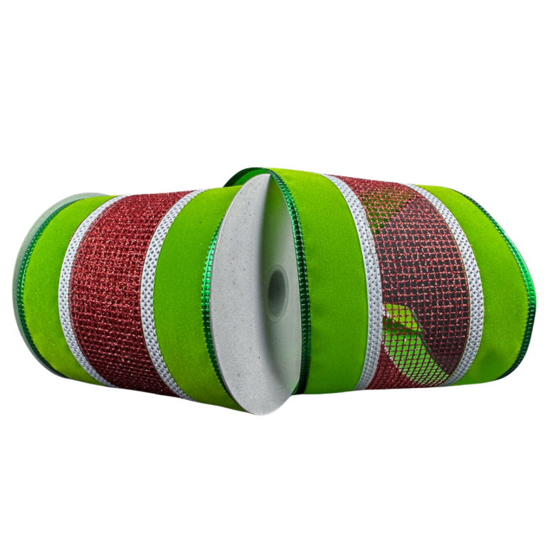 4"X10Y Lime Green Velvet W/ Red & White Netting