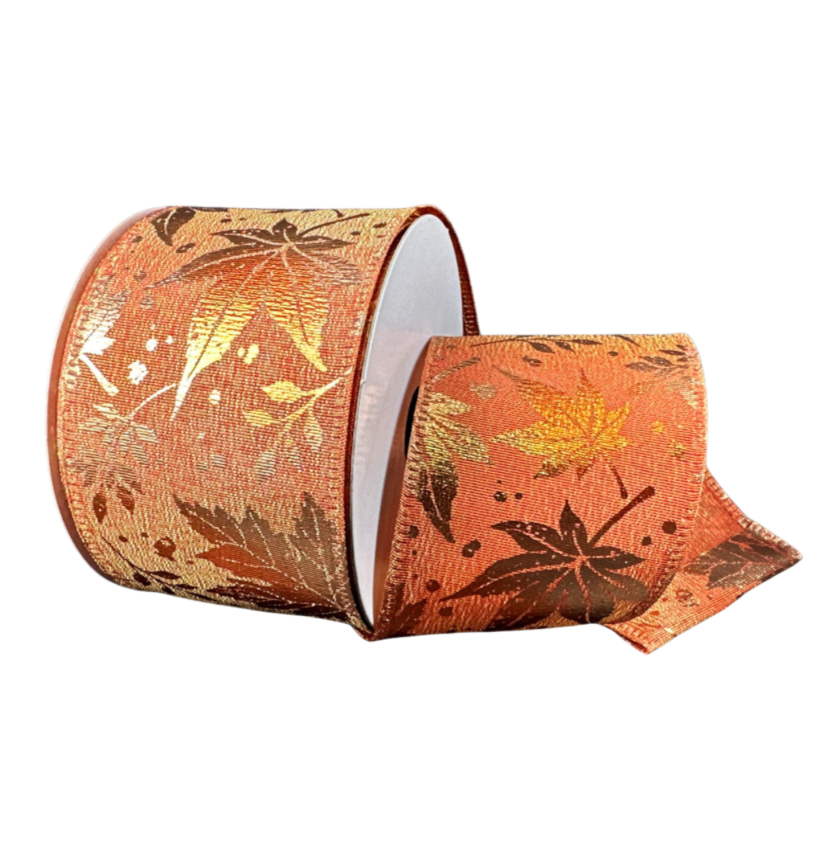 2.5"X10Y Metallic Embossed Leaves (Orange/Rust/Gold)