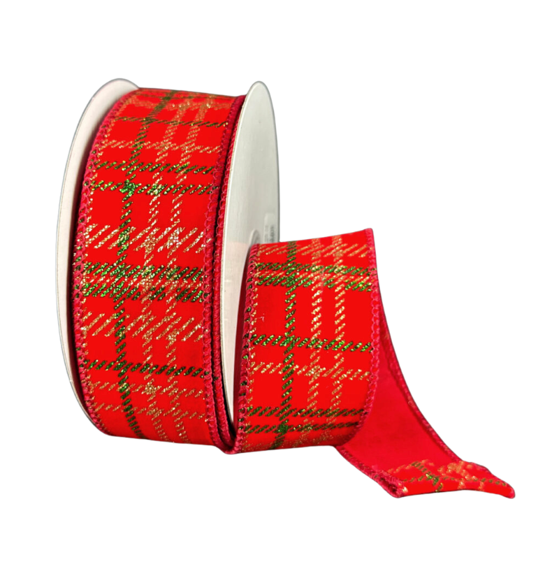 1.5"X10Y Velvet Glitter Plaid (Red/Green/Gold)